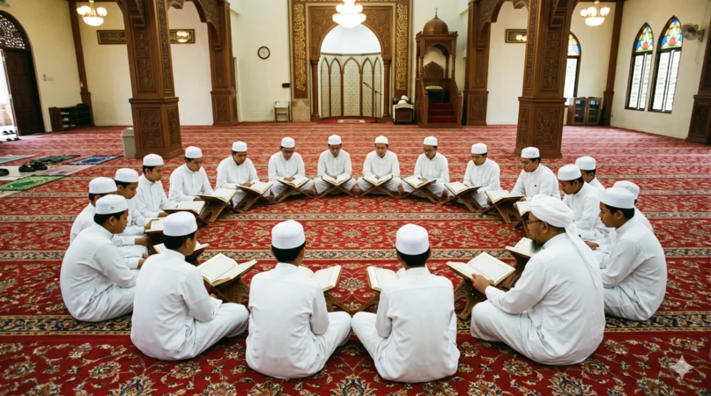 Pelajar madrasah sedang mengikuti halaqah subuh di Madrasah Ar-rabbaniyah Darul Ikhlas, Krubong Melaka