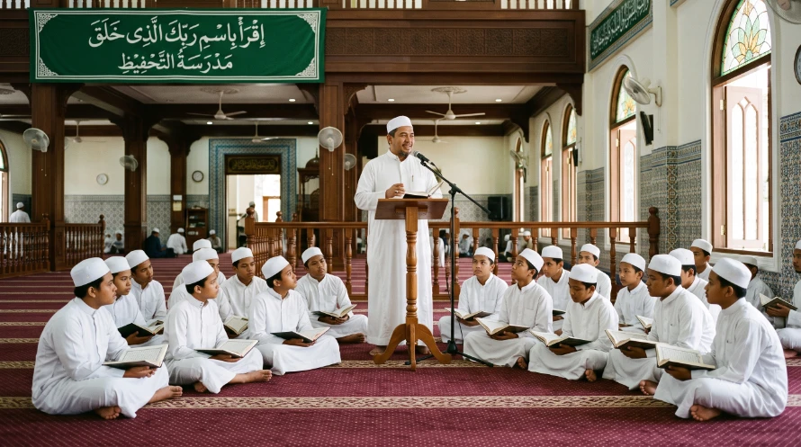 Ustaz menyampaikan tazkirah membetulkan salah faham bulan Safar kepada pelajar Madrasah Ar-rabbaniyah Darul Ikhlas, Krubong, Melaka