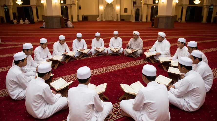 Pelajar menghafaz Al-Quran dalam halaqah bulat bersama ustaz di Madrasah Ar-rabbaniyah Darul Ikhlas, Krubong, Melaka