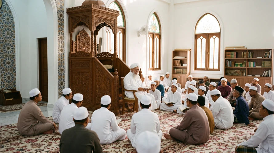 Ustaz mengajar rukun iman kepada pelajar dalam kelas kitab di Madrasah Ar-rabbaniyah Darul Ikhlas, Krubong, Melaka