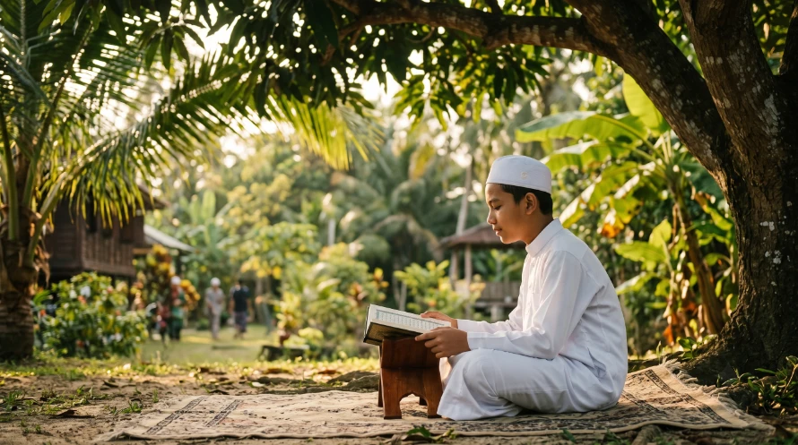 Pelajar membaca Al-Quran seorang diri sebagai amalan sunat di Madrasah Ar-rabbaniyah Darul Ikhlas, Krubong, Melaka