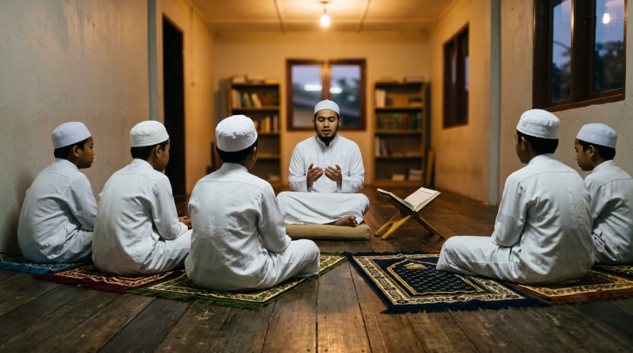 Ustaz mengajar pelajar dalam halaqah kecil waktu malam di Madrasah Ar-rabbaniyah Darul Ikhlas, Krubong, Melaka